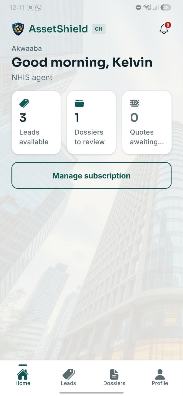 Insurer dashboard: leads available, dossiers to review, quotes