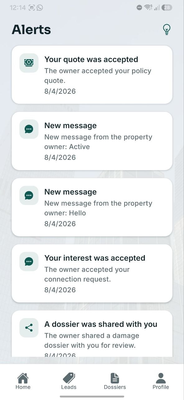 Alerts: quote accepted, new message, dossier shared