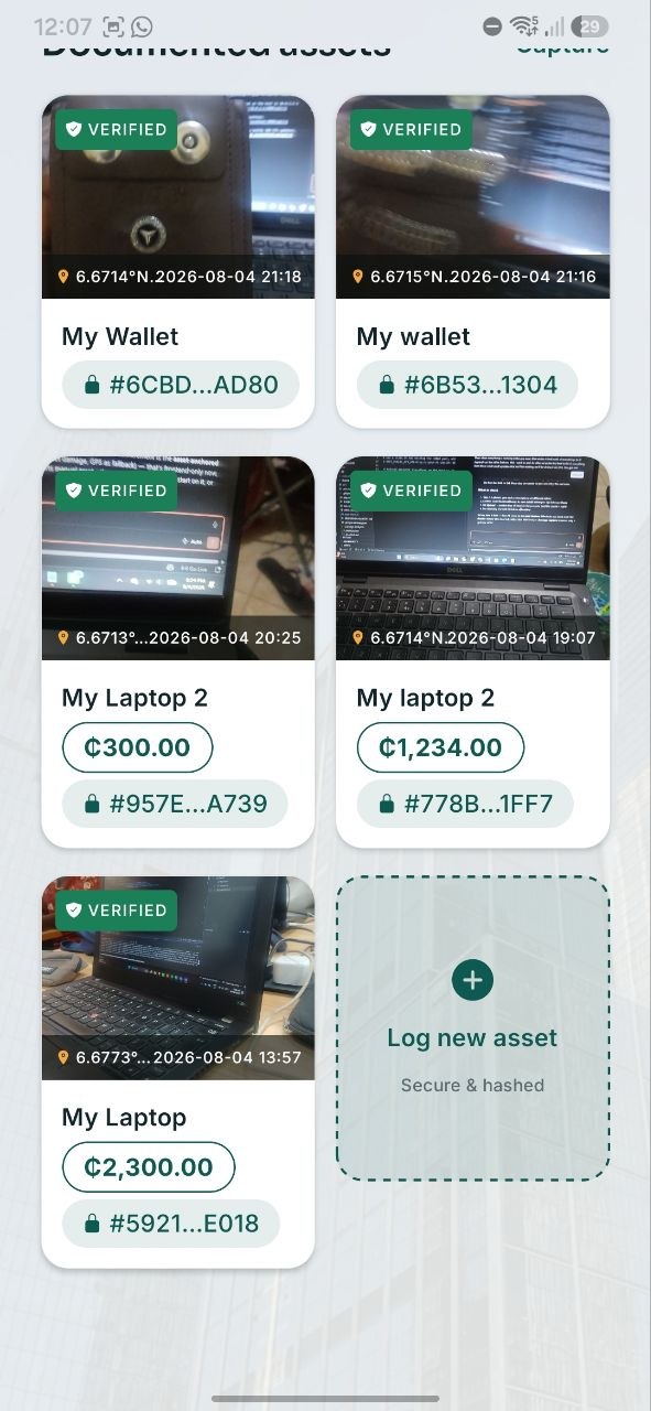 Documented assets, each VERIFIED with a hash and GPS