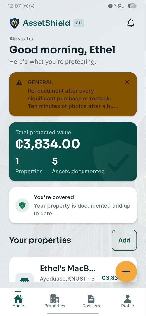 AssetShield home: total protected value and your properties