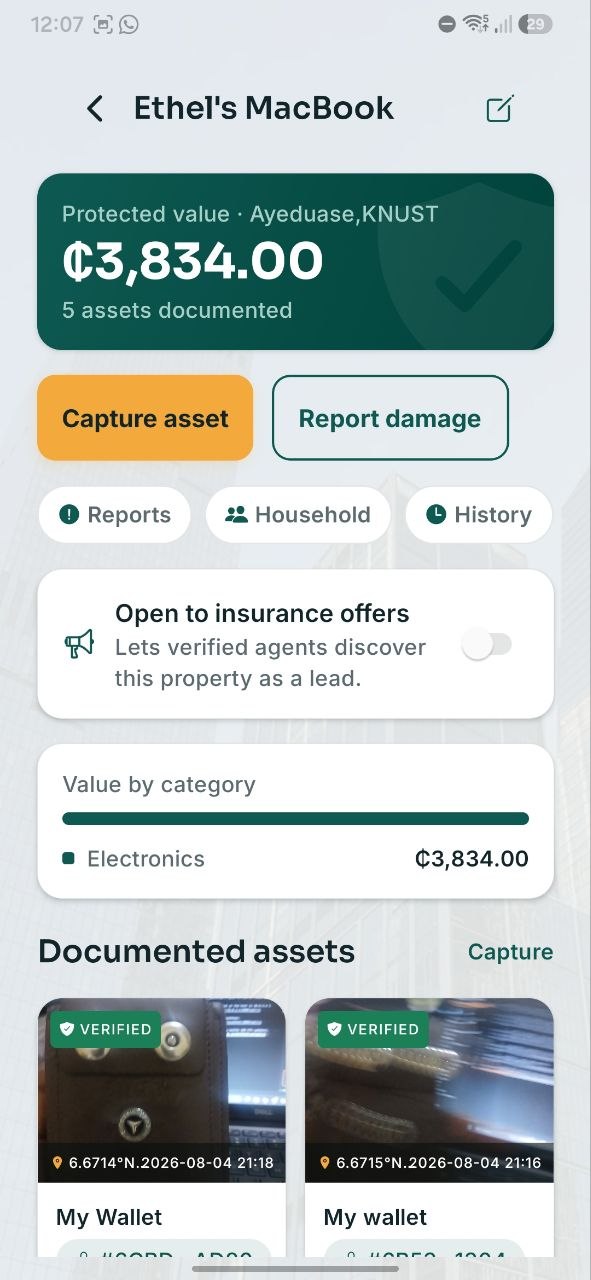 Property detail: capture asset, report damage, open to insurance offers