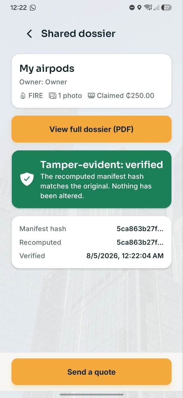 Insurer view: Tamper-evident verified, manifest hash matches